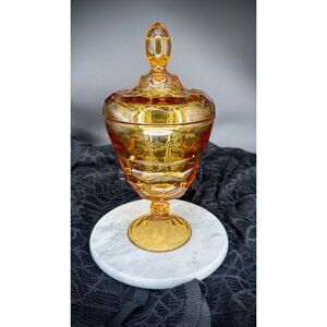 vintage Viking Glass Company "Georgian" pattern amber footed candy dish with a l